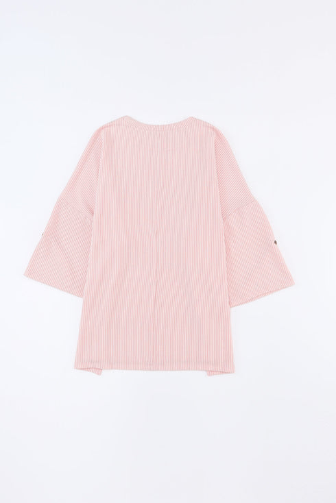 Ribbed Roll-tab Sleeve Chest Pocket Oversize Top